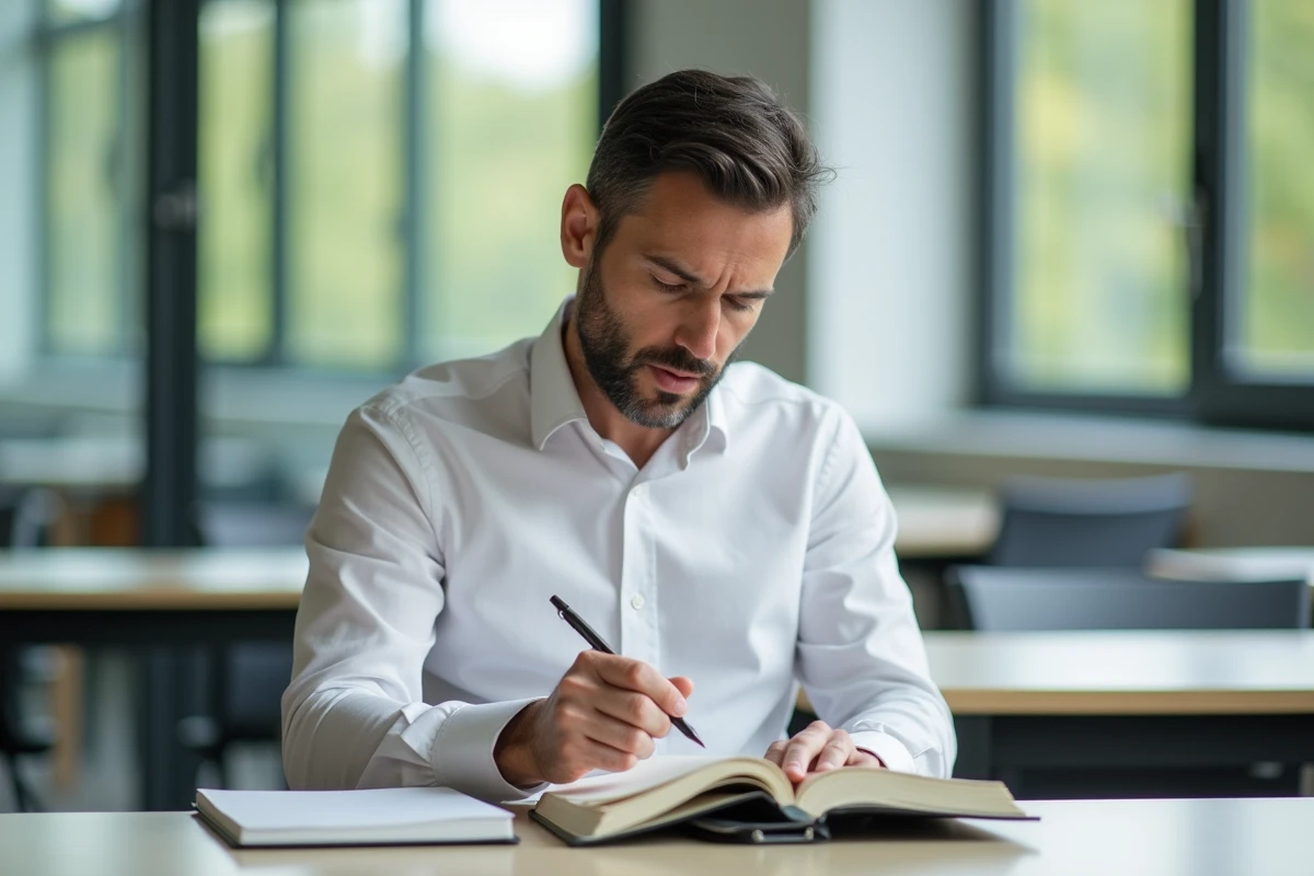 Homme en train de prendre des notes dans une salle de cours moderne