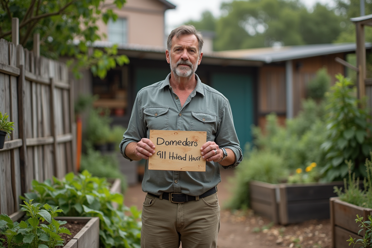 Homme dans un jardin communautaire avec panneau peint à la main