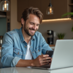 Homme détendu utilisant un ordinateur portable dans une cuisine moderne