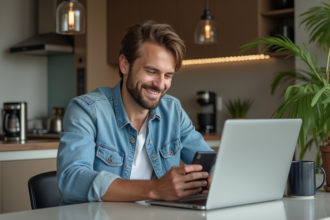 Homme détendu utilisant un ordinateur portable dans une cuisine moderne