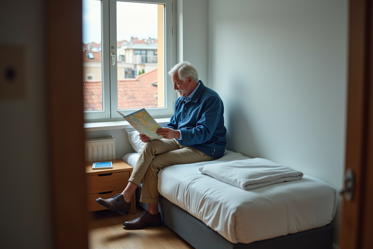 Homme regardant une carte dans une chambre d