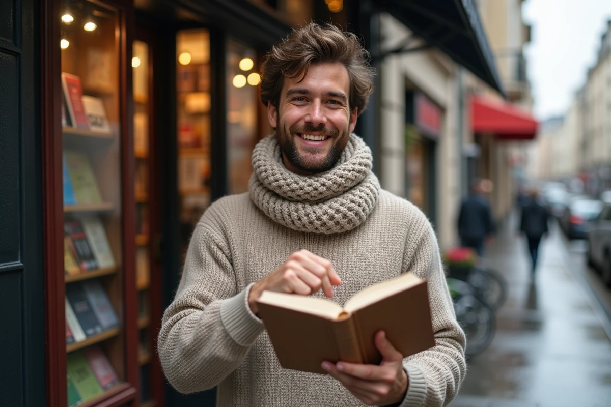 Homme avec guide de grammaire devant librairie parisienne