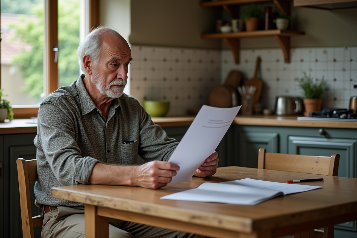 Homme âgé lisant une lettre dans une cuisine chaleureuse
