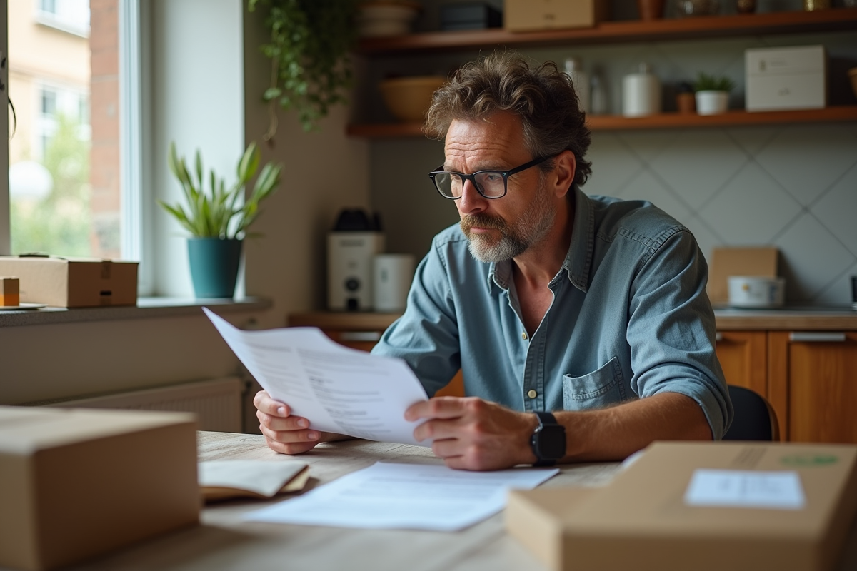 Homme lisant une liste de colis ouverts dans son appartement
