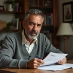 Homme méditerranéen lisant un document dans un appartement