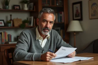 Homme méditerranéen lisant un document dans un appartement