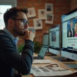 Homme pensif dans un bureau avec news satiriques