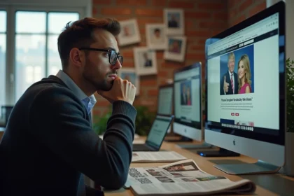 Homme pensif dans un bureau avec news satiriques