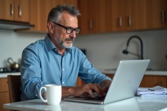 Homme d'âge moyen analysant des graphiques ETF sur son ordinateur