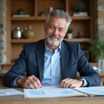 Homme d'âge moyen triant des documents immobiliers dans un intérieur moderne