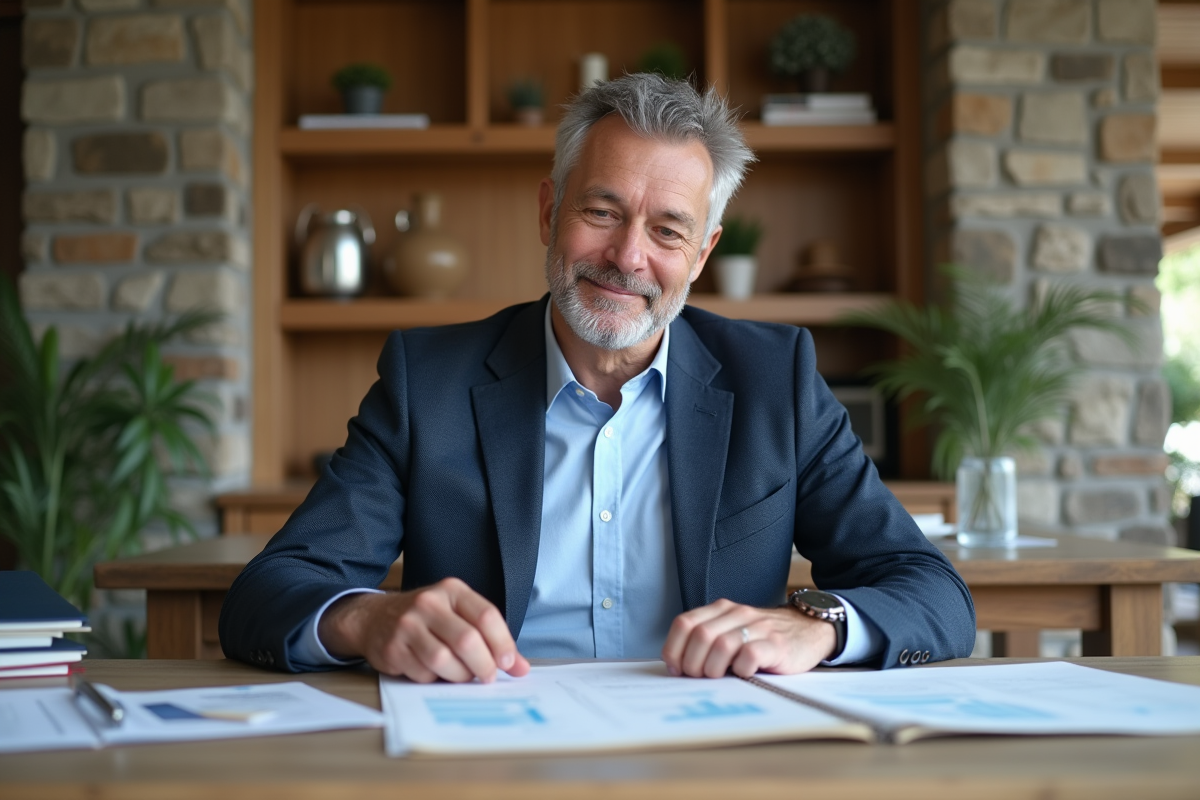 Homme d'âge moyen triant des documents immobiliers dans un intérieur moderne