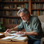 Homme d'âge moyen organisant des livres et papiers dans un bureau