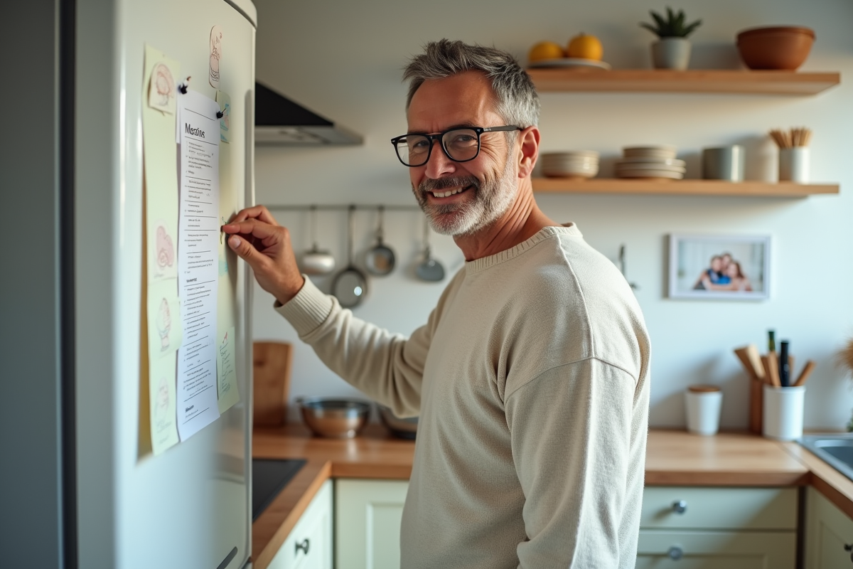 Homme en cuisine accroche une liste de tâches sur le frigo