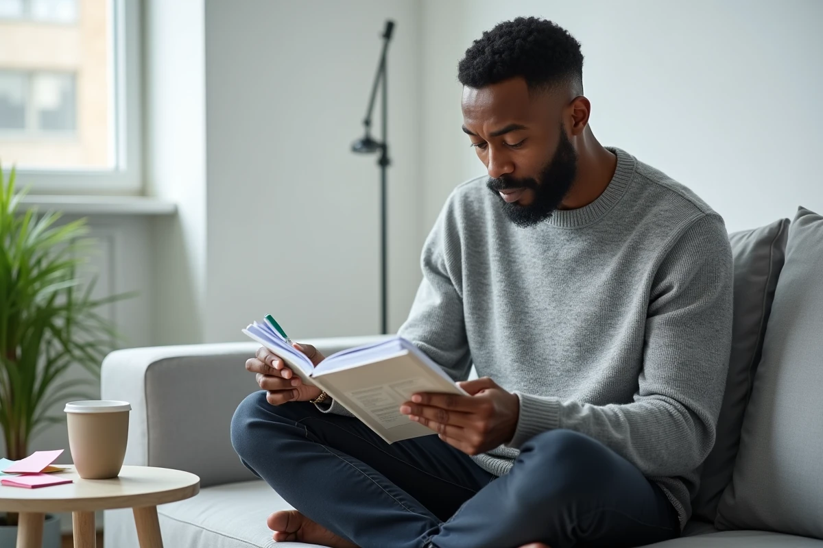 Homme se préparant aux questions du test de naturalisation française dans un salon moderne