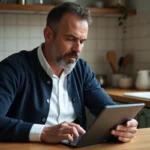 Homme nord-africain en chemise blanche et cardigan regardant une tablette