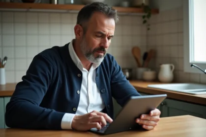 Homme nord-africain en chemise blanche et cardigan regardant une tablette