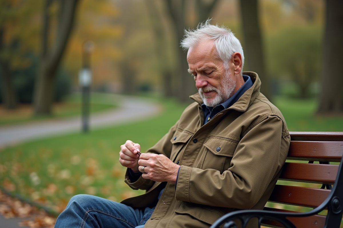 Homme âgé réparant sa veste en plein air dans un parc