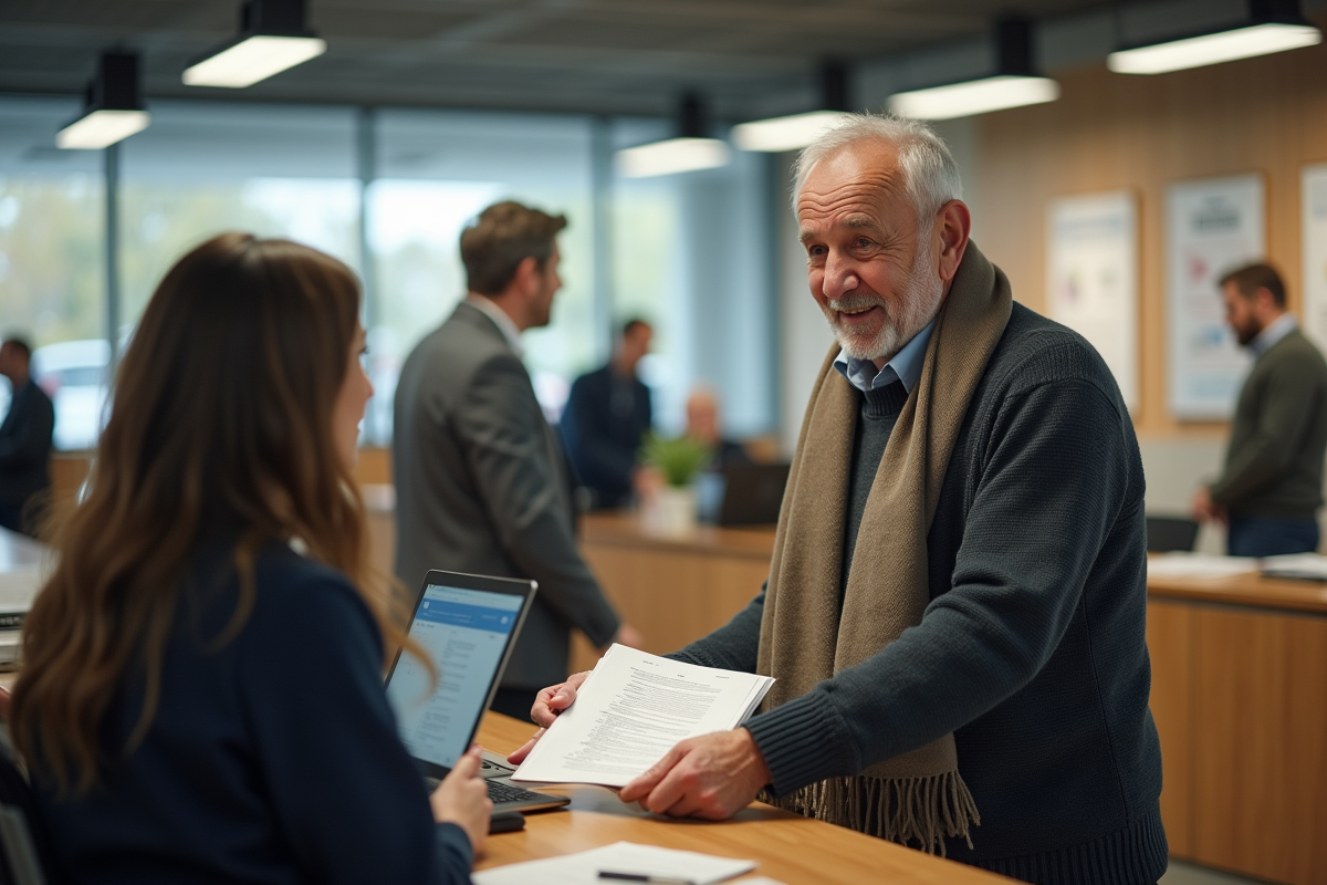 Homme âgé remettant un dossier à un agent administratif