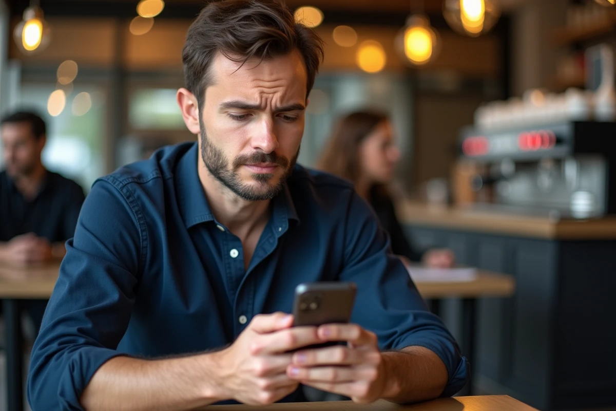 Homme consultant son smartphone avec une erreur de connexion dans un café