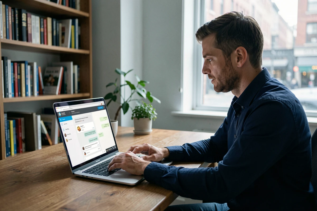 Homme utilisant le support en ligne d'une application de livraison de repas depuis son bureau à domicile