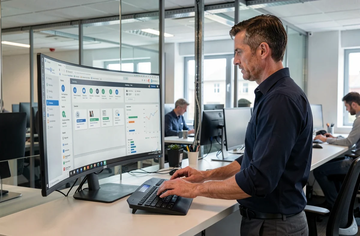 Homme explorant un tableau de bord de plateforme en ligne dans un open space professionnel