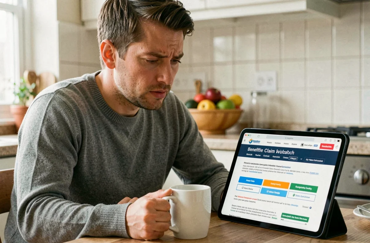 Homme lisant attentivement les conditions d'un site de bonus Monopoly Go sur une tablette dans sa cuisine