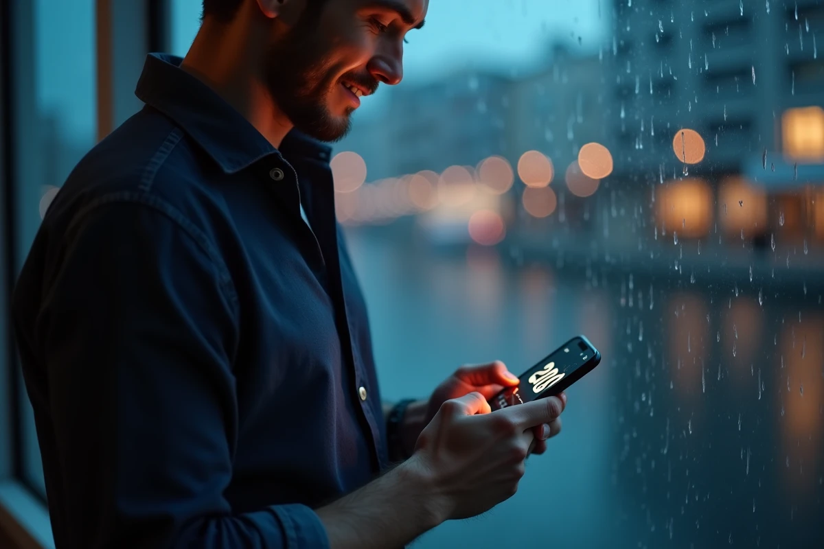 Homme pensif tenant un téléphone affichant 20h20 devant une fenêtre pluvieuse en ville, illustrant la réflexion sur les signes amoureux de l'heure miroir