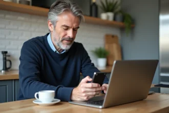 Homme d'âge moyen tenant un téléphone vintage Sony Ericsson à la cuisine