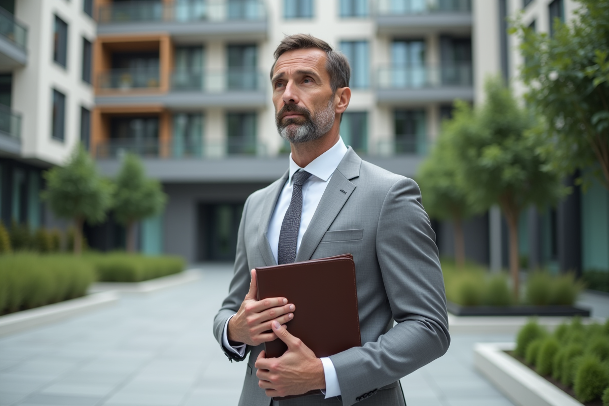 Homme d affaires devant immeuble résidentiel en extérieur