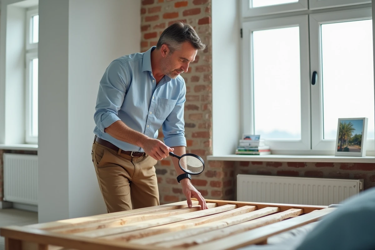 Homme examinant un lit en bois dans une chambre moderne