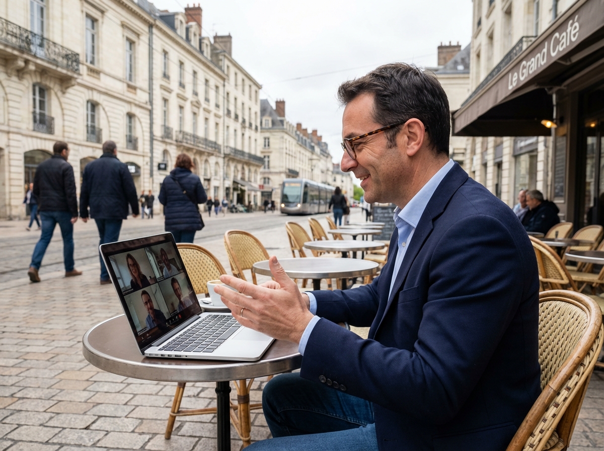 Homme en costume lors d’un appel vidéo dans un café à Tours