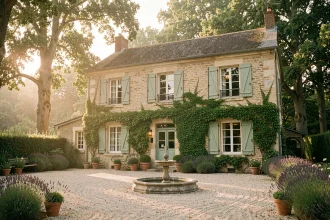 Hôtel de charme en pierre proche du parc d'attractions de Bagatelle, entouré de lavande et d'arbres en été