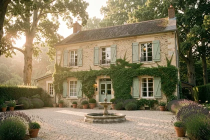 Hôtel de charme en pierre proche du parc d'attractions de Bagatelle, entouré de lavande et d'arbres en été