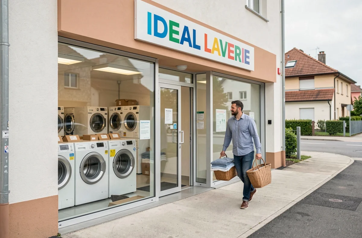 Devanture de l'Ideal Laverie en Essonne avec un client sortant avec son linge propre dans un panier