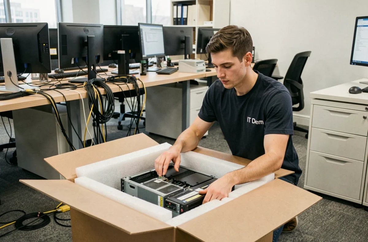 Technicien d'IT Dem emballant du matériel informatique dans des boîtes renforcées lors d'un déménagement de bureau dans la Somme