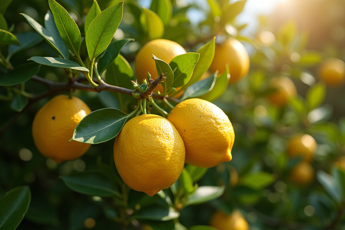 Arbre de citron dans un jardin ensoleille avec feuillage vert et jaune