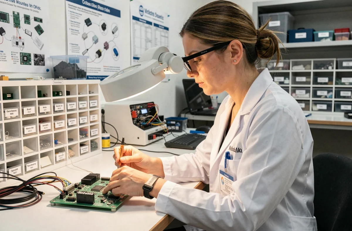 Technicienne Jessie Electronique en train de souder une carte électronique dans un atelier de réparation à Montreuil