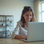 Jeune adulte souriant utilisant un laptop dans un bureau lumineux