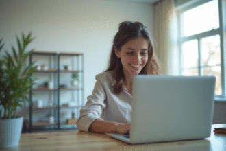 Jeune adulte souriant utilisant un laptop dans un bureau lumineux