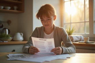 Jeune adulte seul à la cuisine examine des factures de chômage