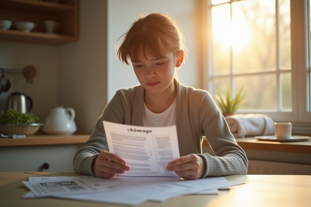 Jeune adulte seul à la cuisine examine des factures de chômage