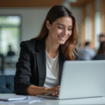 Jeune femme professionnelle au bureau utilisant un ordinateur