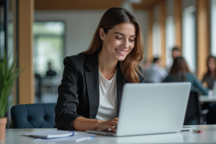 Jeune femme professionnelle au bureau utilisant un ordinateur