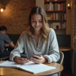Jeune femme souriante à un café avec notes de grammaire française
