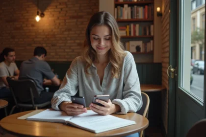 Jeune femme souriante à un café avec notes de grammaire française