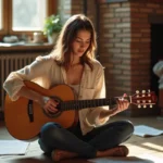 Jeune femme jouant de la guitare acoustique assise sur un plancher en bois dans un salon chaleureux, accords et technique visibles
