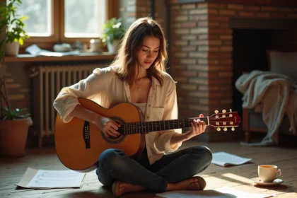 Jeune femme jouant de la guitare acoustique assise sur un plancher en bois dans un salon chaleureux, accords et technique visibles