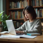 Jeune femme lisant manga dans un bureau à domicile