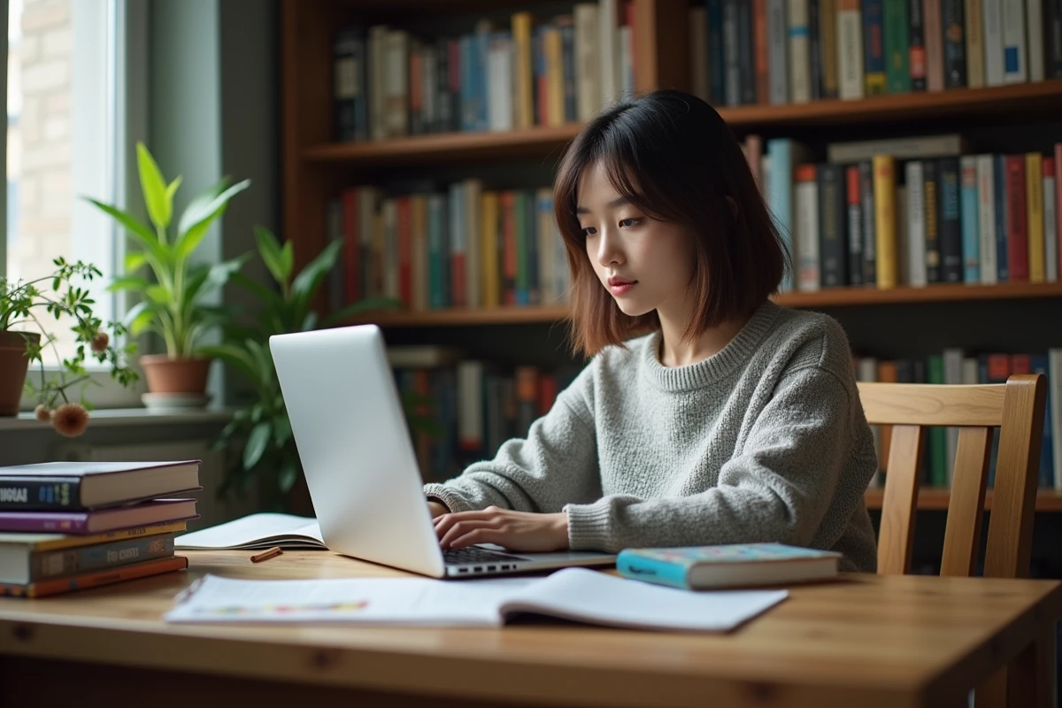 Jeune femme lisant manga dans un bureau à domicile
