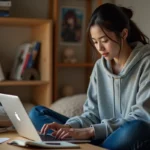 Jeune femme lisant manga sur ordinateur dans sa chambre